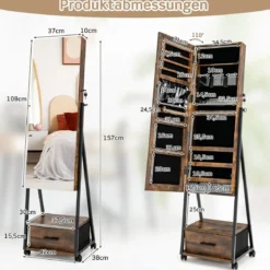 Schmuckschrank mit Spiegel Schmuck Spiegelschrank mit Schublade 42 x 38 x 157 cm Schwarz/Braun/Weiß