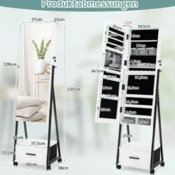 Schmuckschrank mit Spiegel Schmuck Spiegelschrank mit Schublade 42 x 38 x 157 cm Schwarz/Braun/Weiß
