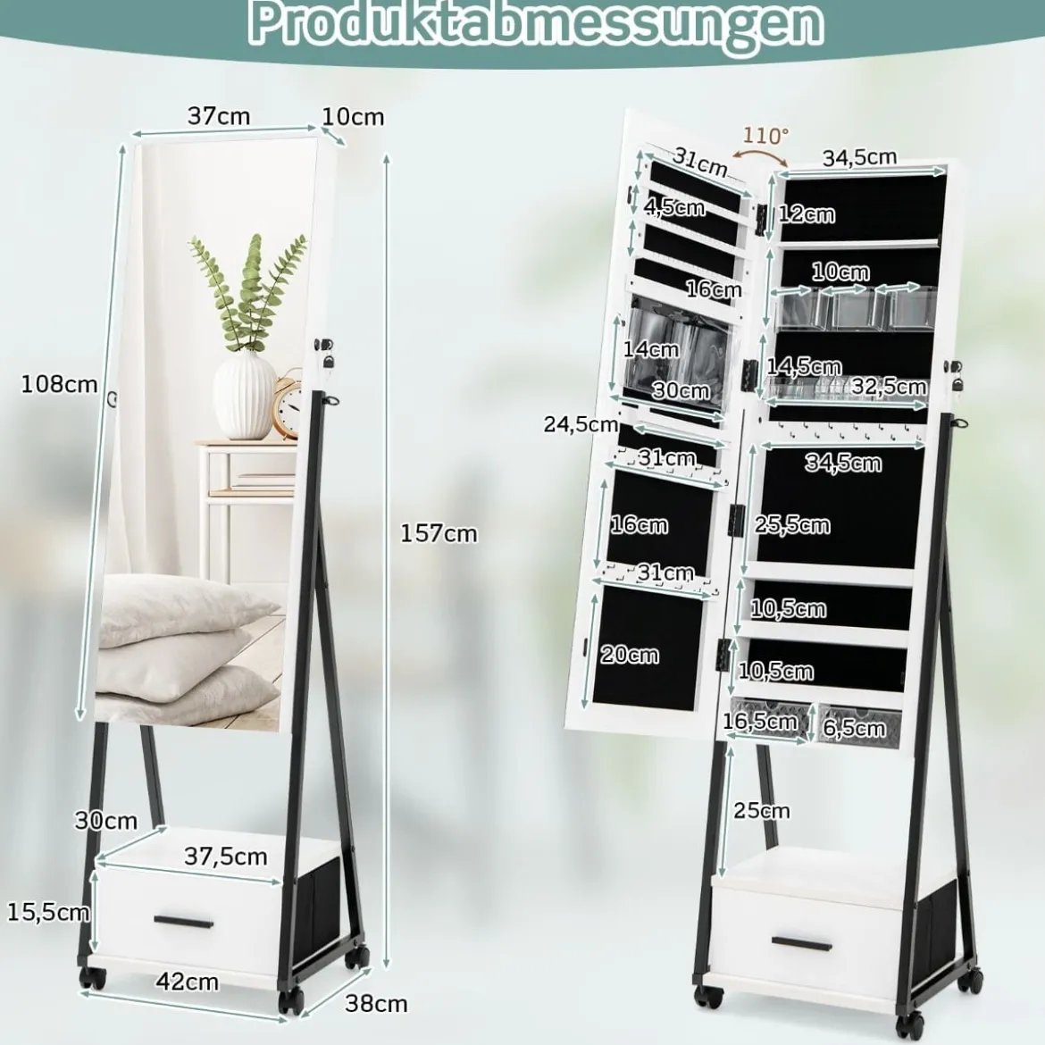 Schmuckschrank mit Spiegel Schmuck Spiegelschrank mit Schublade 42 x 38 x 157 cm Schwarz/Braun/Weiß