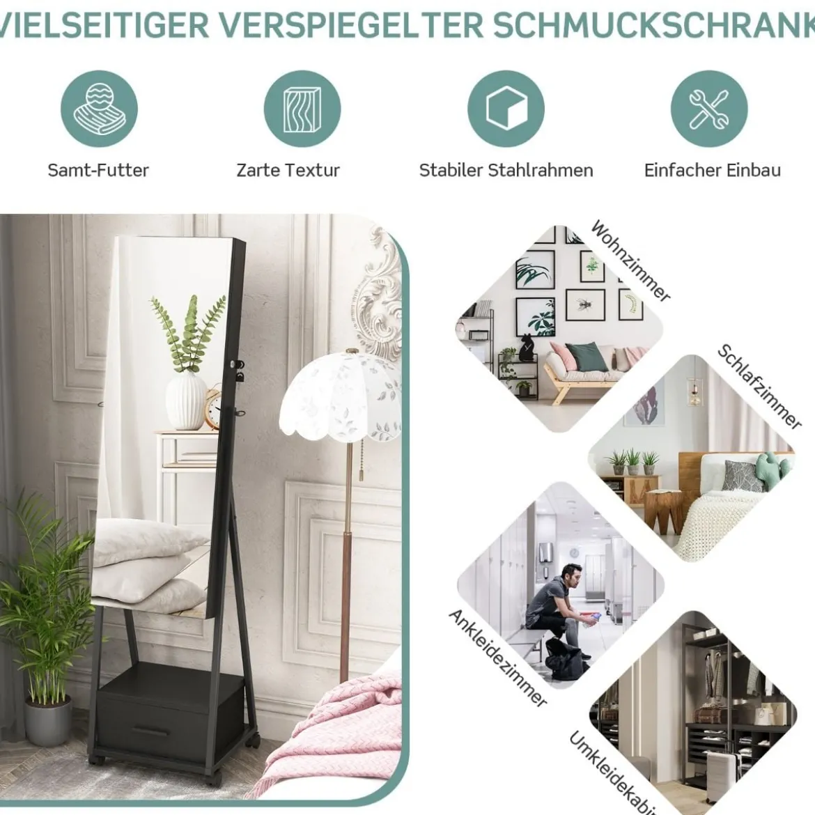 Schmuckschrank mit Spiegel Schmuck Spiegelschrank mit Schublade 42 x 38 x 157 cm Schwarz/Braun/Weiß