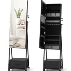 Schmuckschrank mit Spiegel Schmuck Spiegelschrank mit Schublade 42 x 38 x 157 cm Schwarz/Braun/Weiß