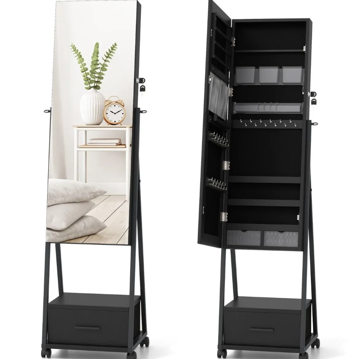 Schmuckschrank mit Spiegel Schmuck Spiegelschrank mit Schublade 42 x 38 x 157 cm Schwarz/Braun/Weiß