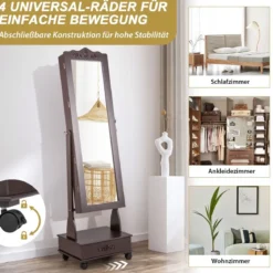 Schmuckschrank Spiegelschrank mit Ganzkörperspiegel & Schubladen & LED Braun