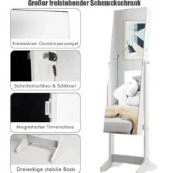Schmuckschrank Standspiegel Freistehender Schmuckschrank mit Spiegel 41 x 36 x 156 cm Weiß