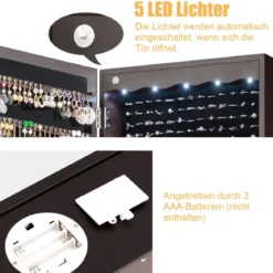 Schmuckschrank Wand-/Türschmuckschrank mit großem Spiegel 36,5 x 11,5 x 120 cm Braun