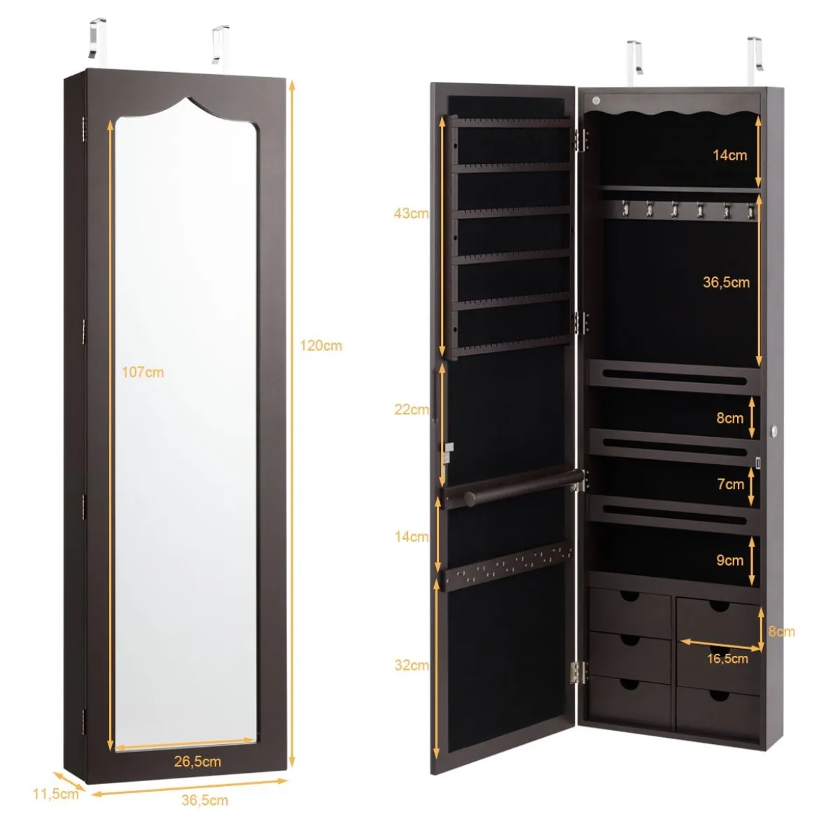 Schmuckschrank Wand-/Türschmuckschrank mit großem Spiegel 36,5 x 11,5 x 120 cm Braun