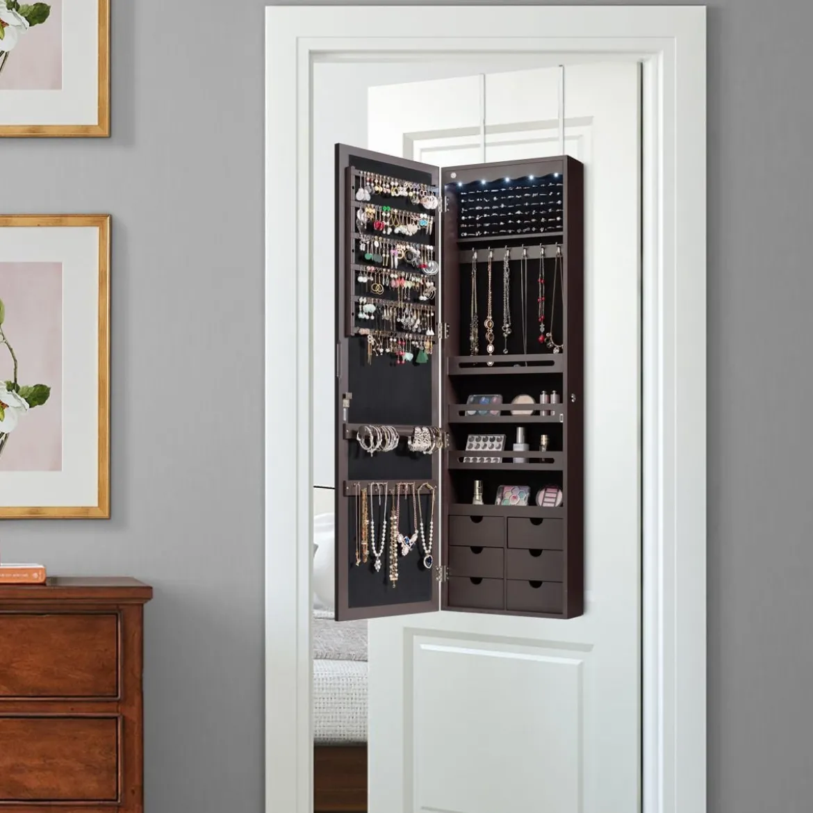 Schmuckschrank Wand-/Türschmuckschrank mit großem Spiegel 36,5 x 11,5 x 120 cm Braun
