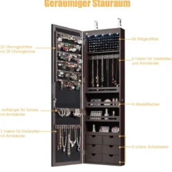 Schmuckschrank Wand-/Türschmuckschrank mit großem Spiegel 36,5 x 11,5 x 120 cm Braun