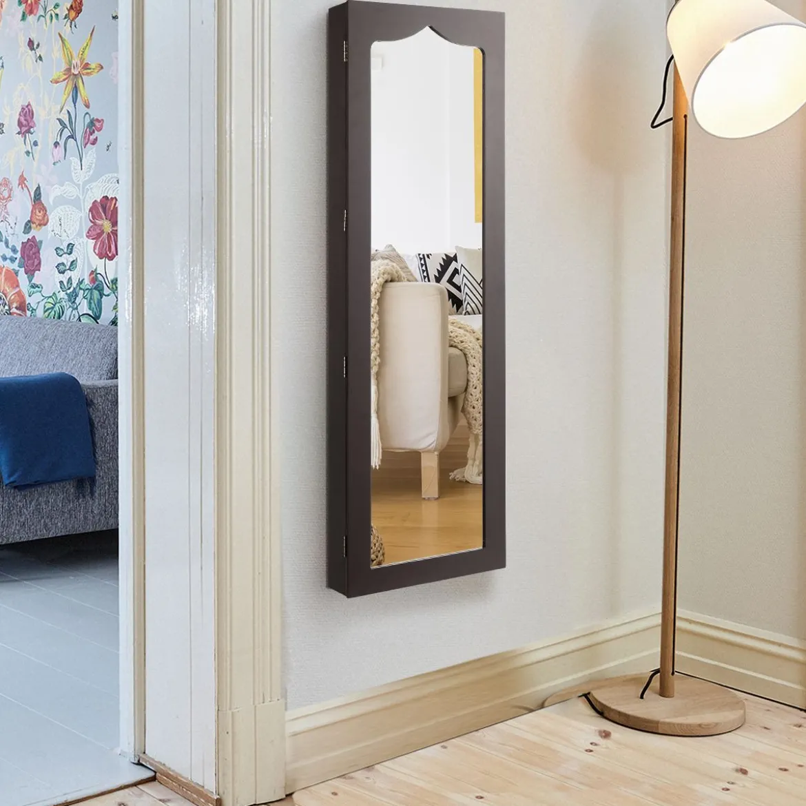 Schmuckschrank Wand-/Türschmuckschrank mit großem Spiegel 36,5 x 11,5 x 120 cm Braun