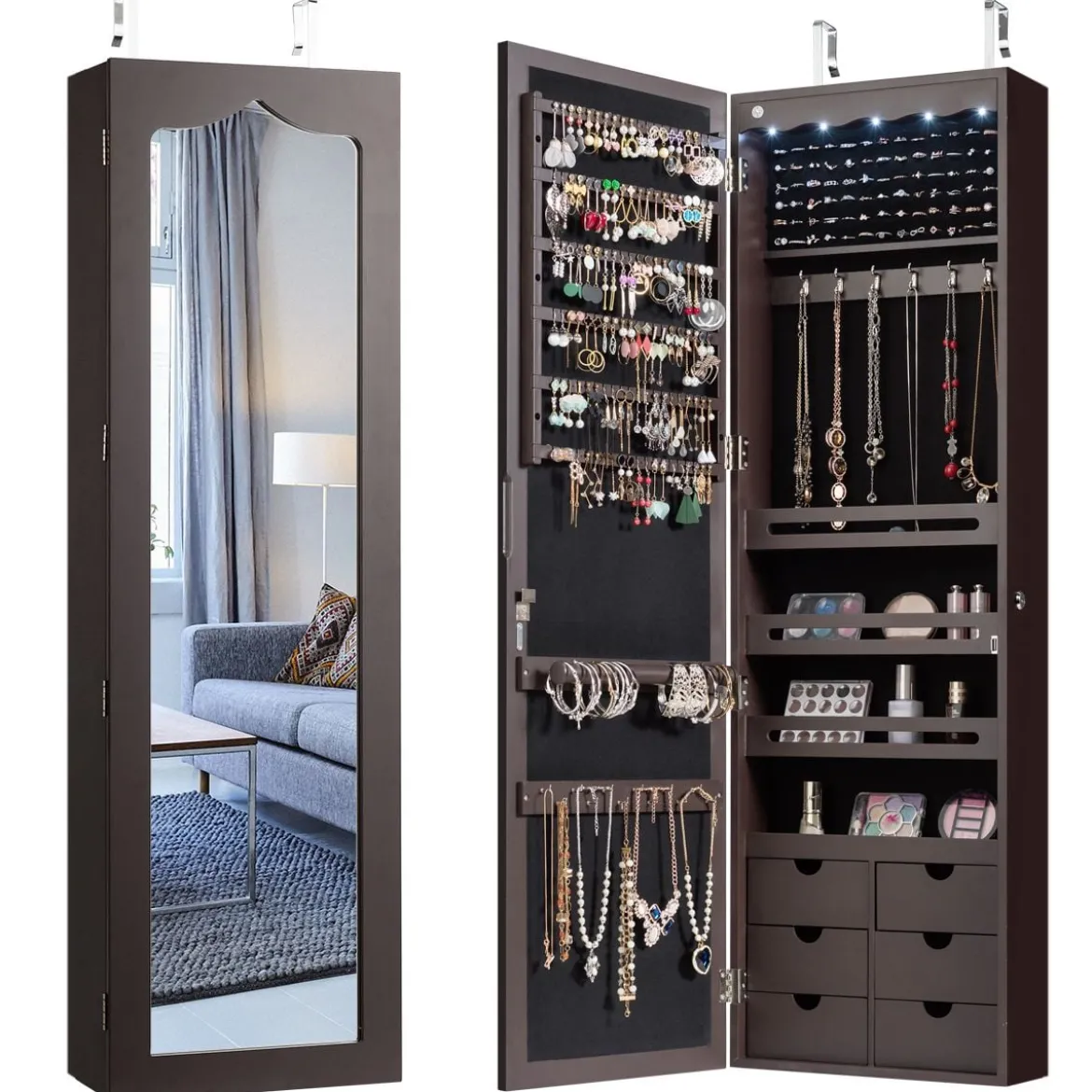 Schmuckschrank Wand-/Türschmuckschrank mit großem Spiegel 36,5 x 11,5 x 120 cm Braun