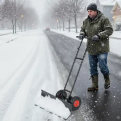 Schneeschaufel auf Rädern 91,5 cm Arbeitsbreite höhenverstellbar & Einstellbarer Winkel Schwarz