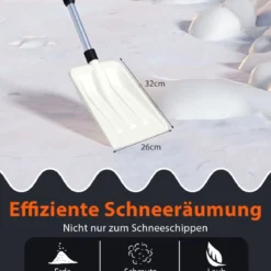 Schneeschaufel 26 cm breit leichte Schneeschieber mit ergonomischem Griff & robustem Aluminiumstiel Weiß
