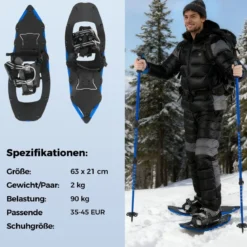 Schneeschuhe mit Steighilfe inkl. Trekkingstöcke & Tragetasche Schuhgröße 35-45 bis 90kg Blau