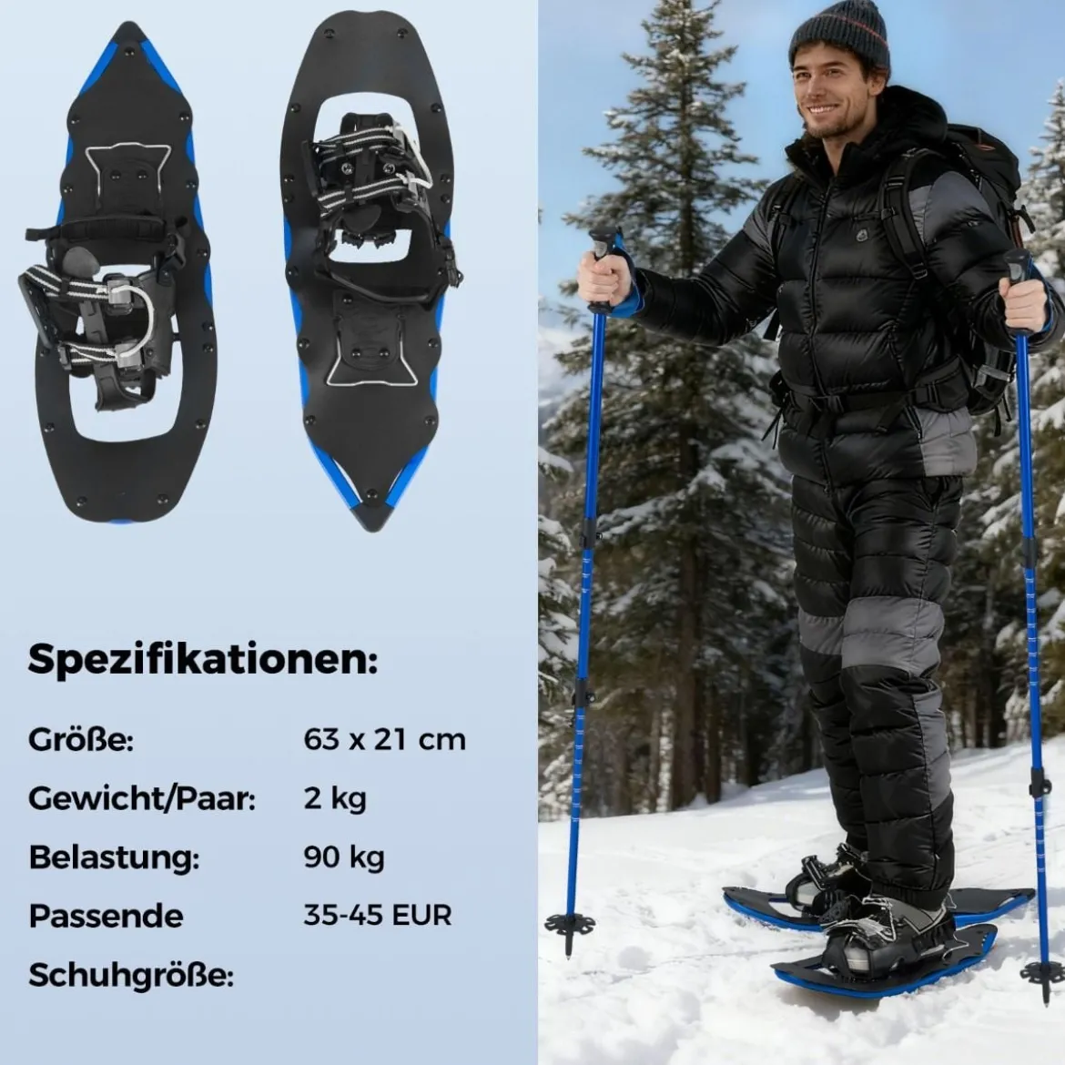 Schneeschuhe mit Steighilfe inkl. Trekkingstöcke & Tragetasche Schuhgröße 35-45 bis 90kg Blau