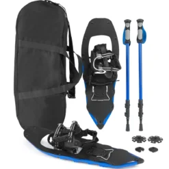 Schneeschuhe mit Steighilfe inkl. Trekkingstöcke & Tragetasche Schuhgröße 35-45 bis 90kg Blau