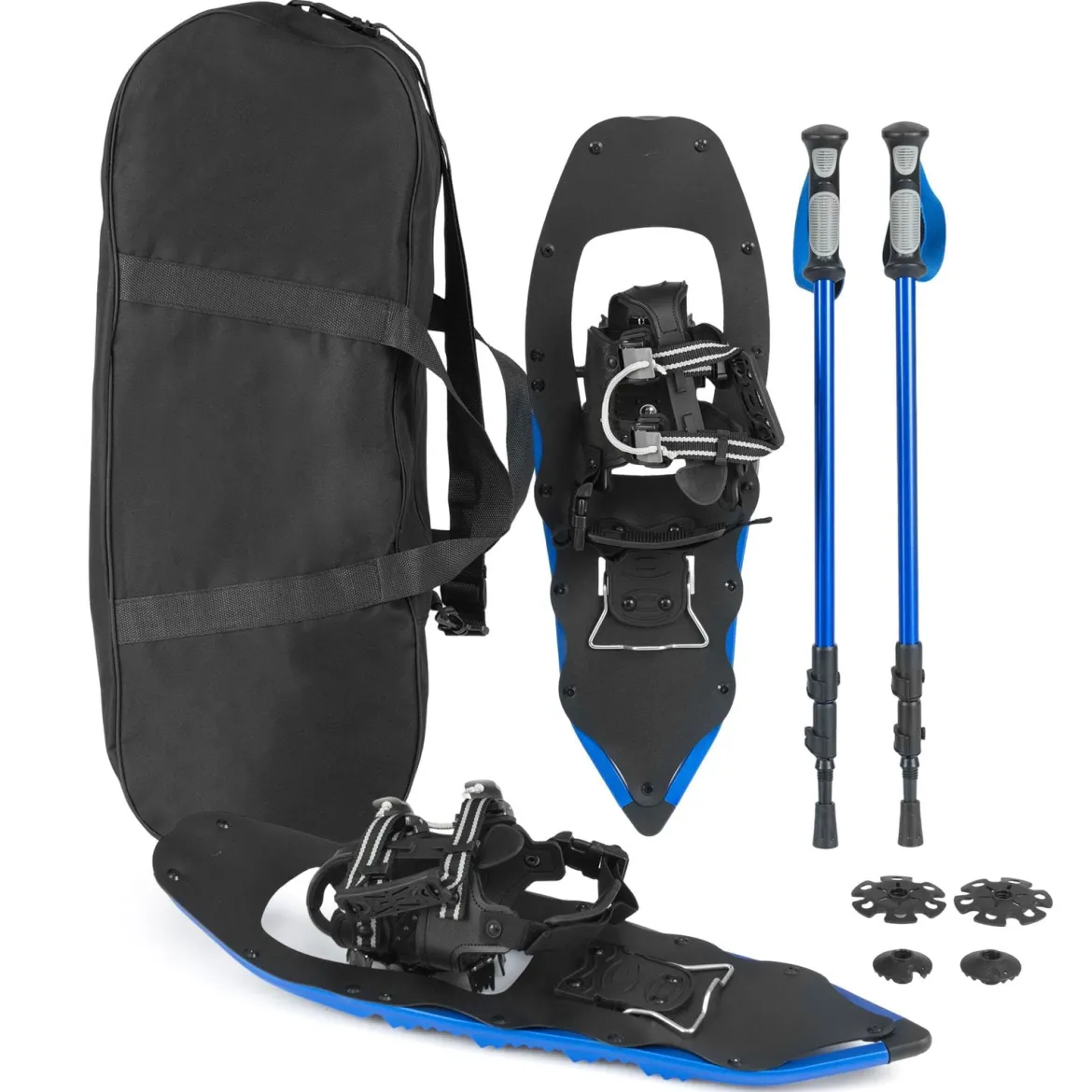 Schneeschuhe mit Steighilfe inkl. Trekkingstöcke & Tragetasche Schuhgröße 35-45 bis 90kg Blau