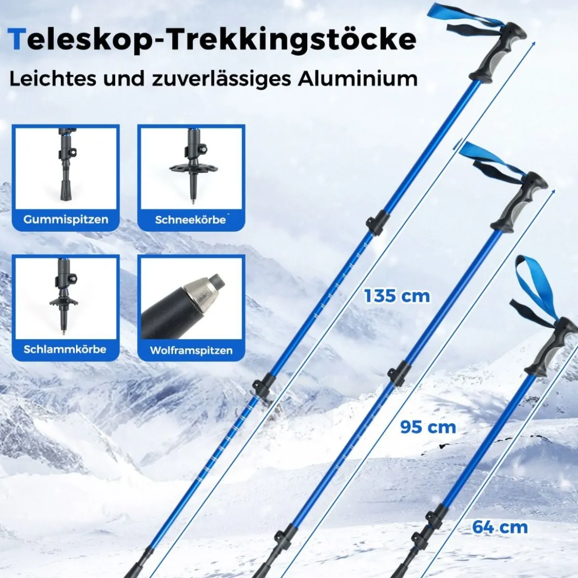 Schneeschuhe mit Steighilfe inkl. Trekkingstöcke & Tragetasche Schuhgröße 35-45 bis 90kg Blau