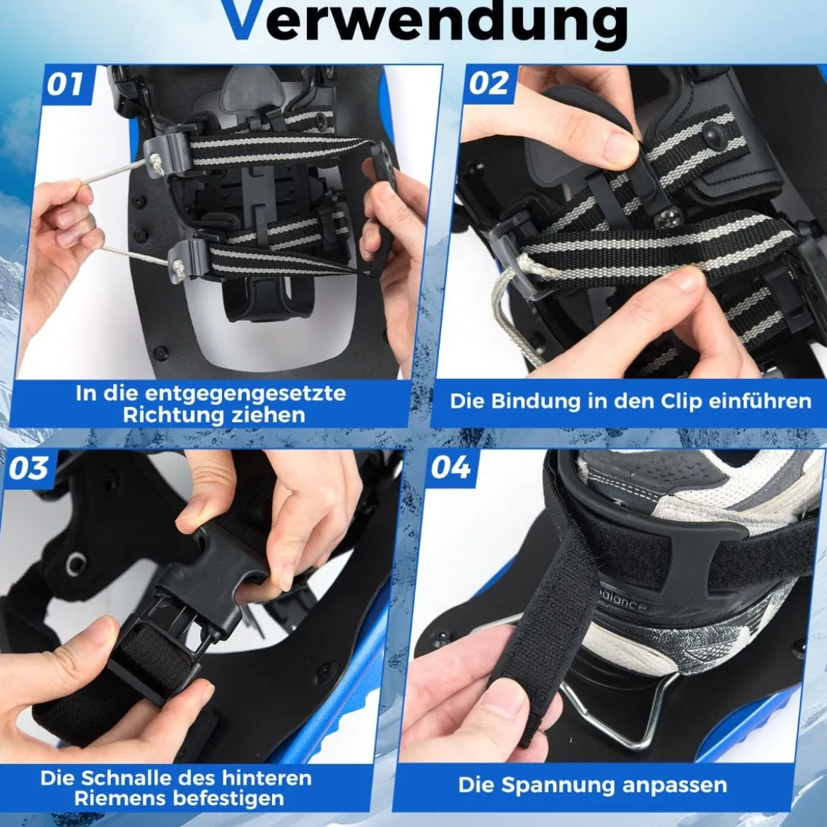 Schneeschuhe mit Steighilfe inkl. Trekkingstöcke & Tragetasche Schuhgröße 35-45 bis 90kg Blau