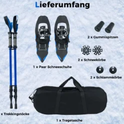 Schneeschuhe mit Steighilfe inkl. Trekkingstöcke & Tragetasche Schuhgröße 35-45 bis 90kg Blau