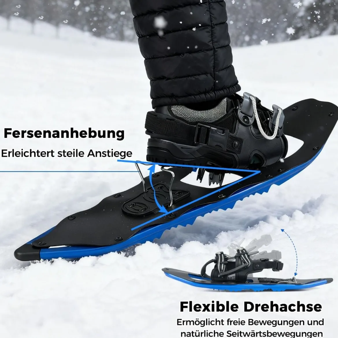 Schneeschuhe mit Steighilfe inkl. Trekkingstöcke & Tragetasche Schuhgröße 35-45 bis 90kg Blau