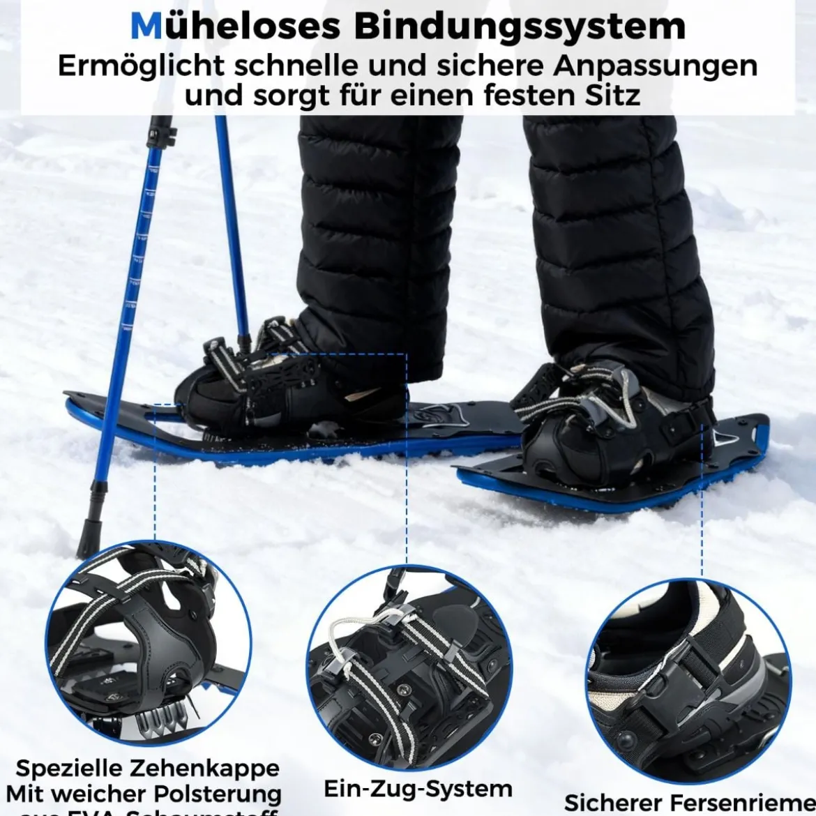 Schneeschuhe mit Steighilfe inkl. Trekkingstöcke & Tragetasche Schuhgröße 35-45 bis 90kg Blau