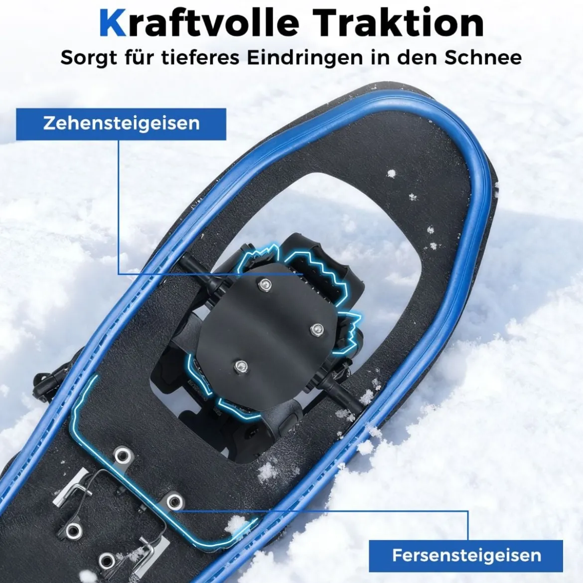 Schneeschuhe mit Steighilfe inkl. Trekkingstöcke & Tragetasche Schuhgröße 35-45 bis 90kg Blau