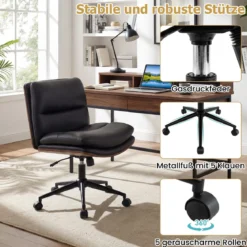 Schneidersitz Stuhl mit Rollen Gepolsterter Schreibtischstuhl ohne Armlehnen Drehstuhl Schwarz