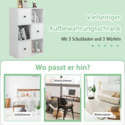 Schrank mit 6 Fächern Freistehendes Lagerregal mit 3 Würfeln 60 x 30 x 89 cm Weiß
