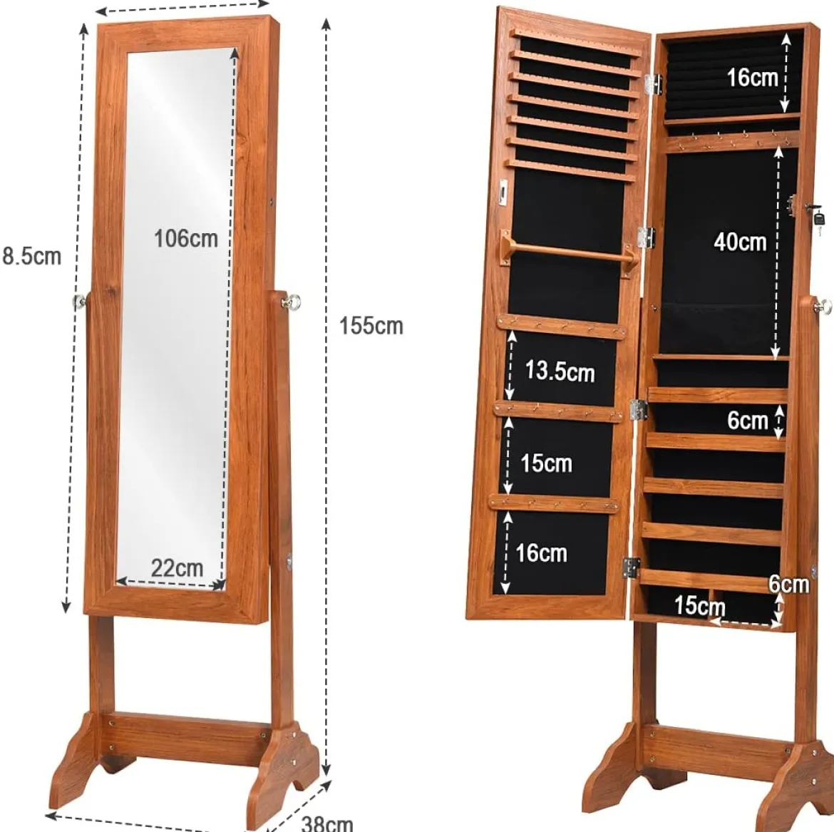 Schrank Schmuckschrank mit Spiegel Abschließbare Schränke 40 x 38 x 155 cm