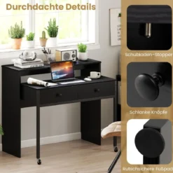 Schreibtisch ausziehbar kleiner Computertisch mit 2 Schubladen & Rollen 100 x 63 x 88 cm Schwarz
