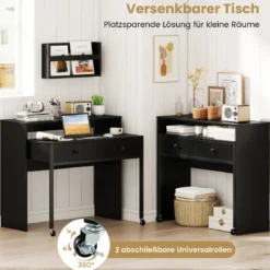 Schreibtisch ausziehbar kleiner Computertisch mit 2 Schubladen & Rollen 100 x 63 x 88 cm Schwarz