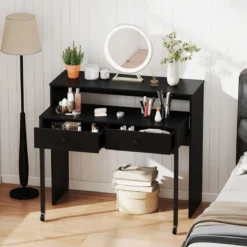 Schreibtisch ausziehbar kleiner Computertisch mit 2 Schubladen & Rollen 100 x 63 x 88 cm Schwarz