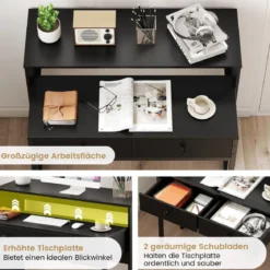 Schreibtisch ausziehbar kleiner Computertisch mit 2 Schubladen & Rollen 100 x 63 x 88 cm Schwarz