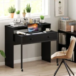 Schreibtisch ausziehbar kleiner Computertisch mit 2 Schubladen & Rollen 100 x 63 x 88 cm Schwarz