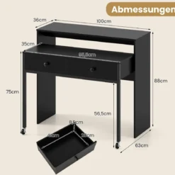 Schreibtisch ausziehbar kleiner Computertisch mit 2 Schubladen & Rollen 100 x 63 x 88 cm Schwarz