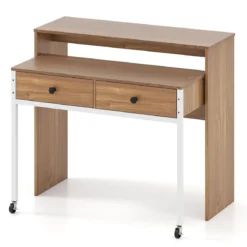 Schreibtisch ausziehbar kleiner Computertisch mit 2 Schubladen & Rollen 100 x 63 x 88 cm Natur