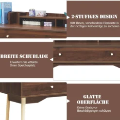 Schreibtisch Computertisch mit Schublade Bürotisch aus Massivholz PC-Arbeitsplatz Konsolentisch Braun