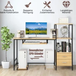 Schreibtisch H-Förmiger Computertisch mit Stauraum140 x 50 x 110 cm Natur