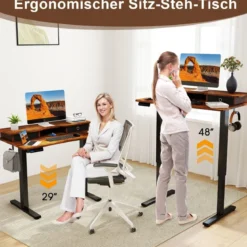 Schreibtisch höhenverstellbar elektrischer Computertisch Stehschreibtisch mit Monitorständer 100 x 60 cm Braun/Weiß