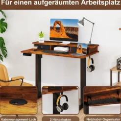 Schreibtisch höhenverstellbar elektrischer Computertisch Stehschreibtisch mit Monitorständer 100 x 60 cm Braun/Weiß