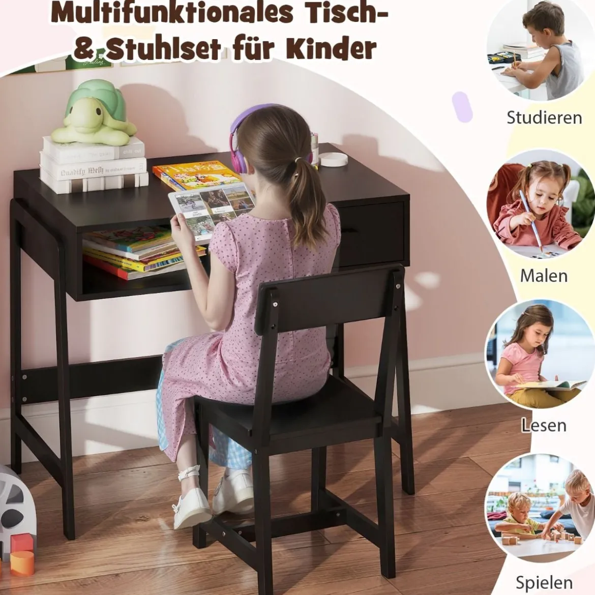 Schreibtisch Kinder mit Stuhl Kinderschreibtisch Set aus Holz Jugendschreibtisch mit Schublade & Ablage Schwarz/Rosa/Weiß