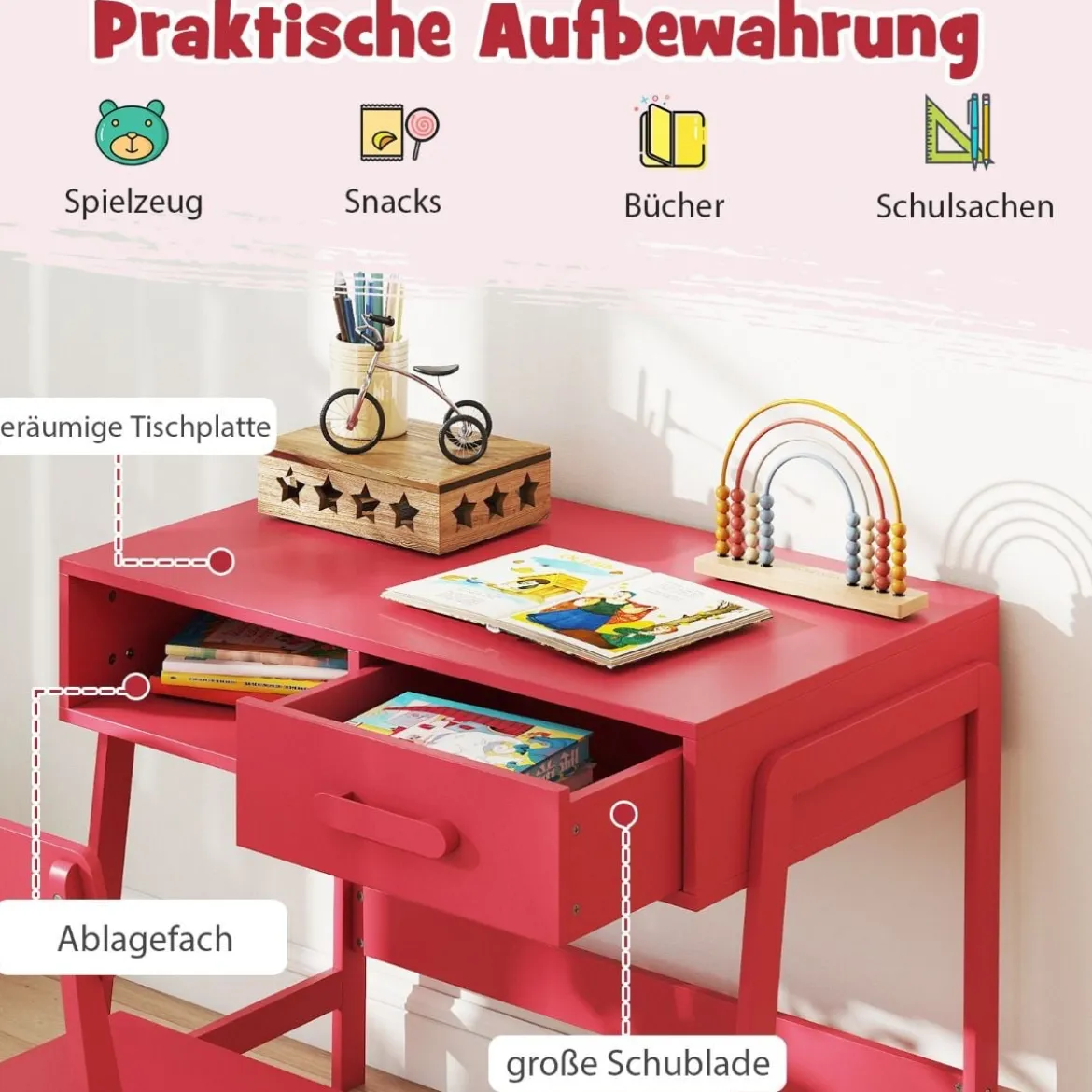 Schreibtisch Kinder mit Stuhl Kinderschreibtisch Set aus Holz Jugendschreibtisch mit Schublade & Ablage Schwarz/Rosa/Weiß