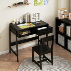 Schreibtisch Kinder mit Stuhl Kinderschreibtisch Set aus Holz Jugendschreibtisch mit Schublade & Ablage Schwarz/Rosa/Weiß