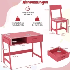 Schreibtisch Kinder mit Stuhl Kinderschreibtisch Set aus Holz Jugendschreibtisch mit Schublade & Ablage Schwarz/Rosa/Weiß