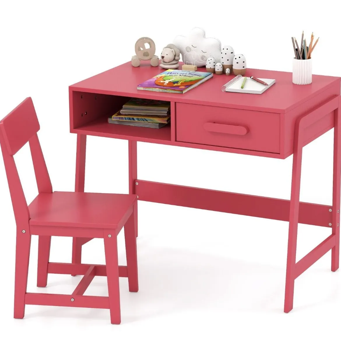 Schreibtisch Kinder mit Stuhl Kinderschreibtisch Set aus Holz Jugendschreibtisch mit Schublade & Ablage Schwarz/Rosa/Weiß