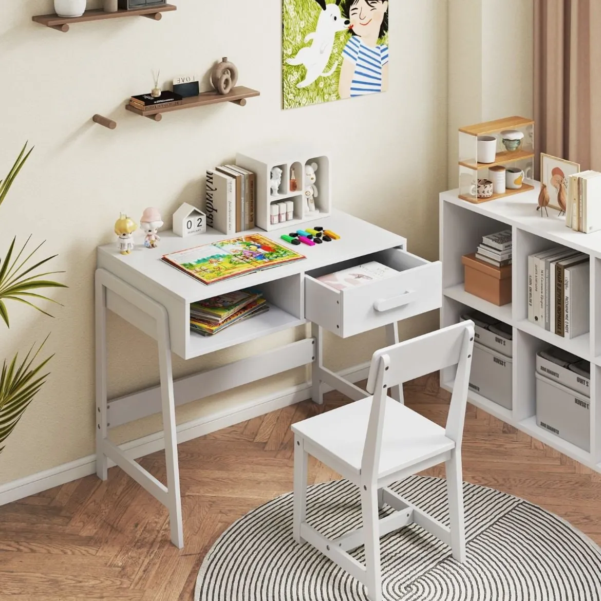 Schreibtisch Kinder mit Stuhl Kinderschreibtisch Set aus Holz Jugendschreibtisch mit Schublade & Ablage Schwarz/Rosa/Weiß