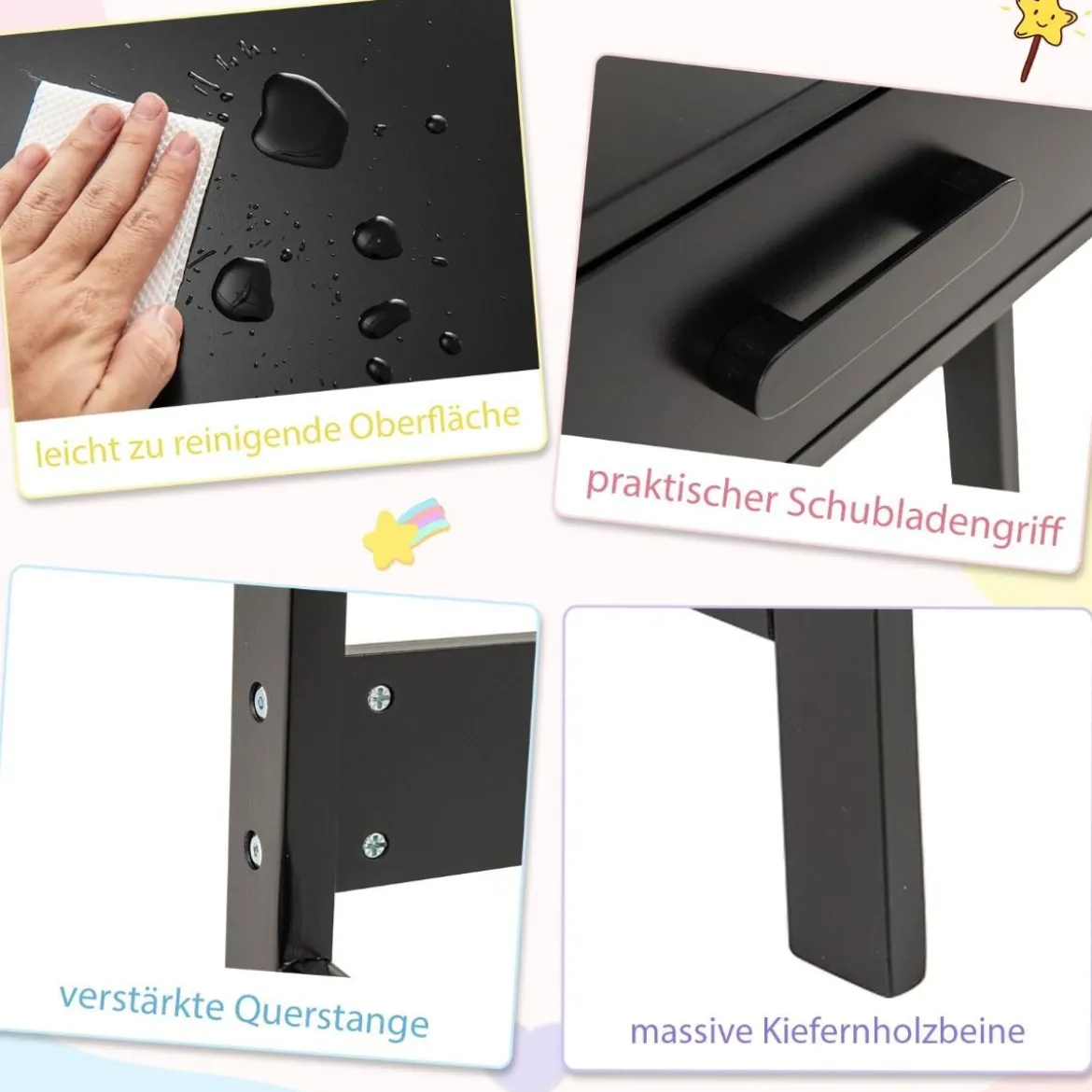 Schreibtisch Kinder mit Stuhl Kinderschreibtisch Set aus Holz Jugendschreibtisch mit Schublade & Ablage Schwarz/Rosa/Weiß