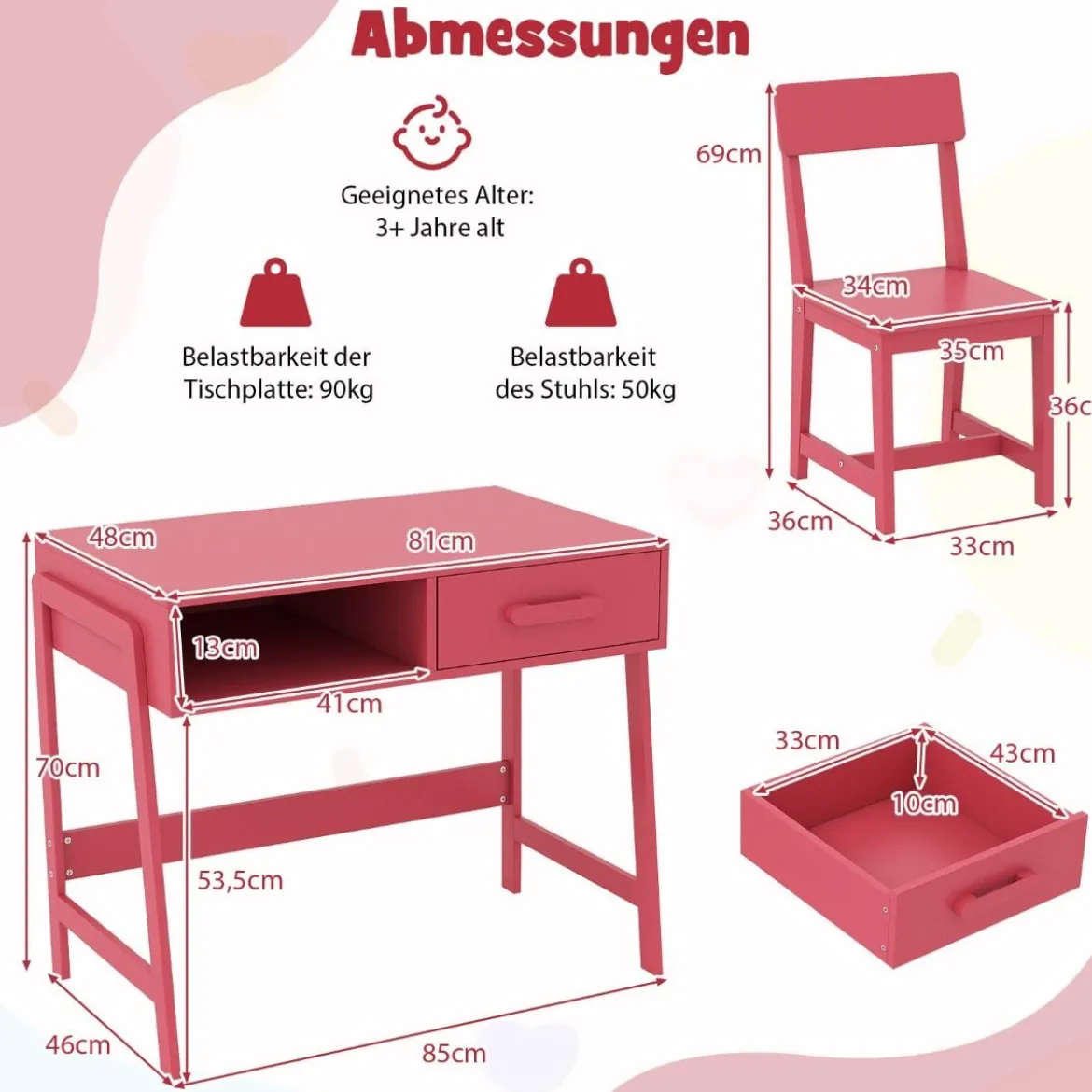Schreibtisch Kinder mit Stuhl Kinderschreibtisch Set aus Holz Jugendschreibtisch mit Schublade & Ablage Schwarz/Rosa/Weiß