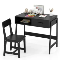 Schreibtisch Kinder mit Stuhl Kinderschreibtisch Set aus Holz Jugendschreibtisch mit Schublade & Ablage Schwarz/Rosa/Weiß
