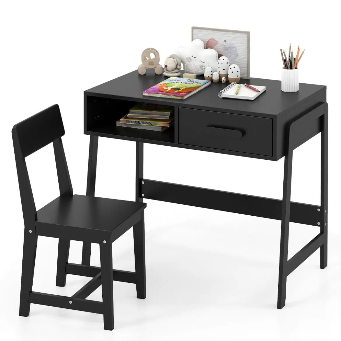 Schreibtisch Kinder mit Stuhl Kinderschreibtisch Set aus Holz Jugendschreibtisch mit Schublade & Ablage Schwarz/Rosa/Weiß